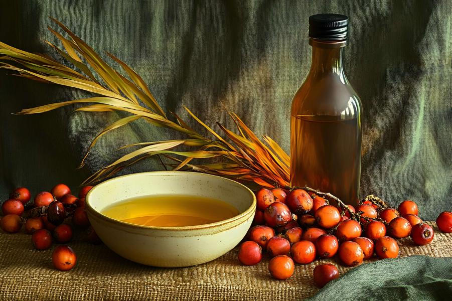 自然写实棕榈油碗瓶棕榈叶红色果实摆放场景商业照片（商业使用）